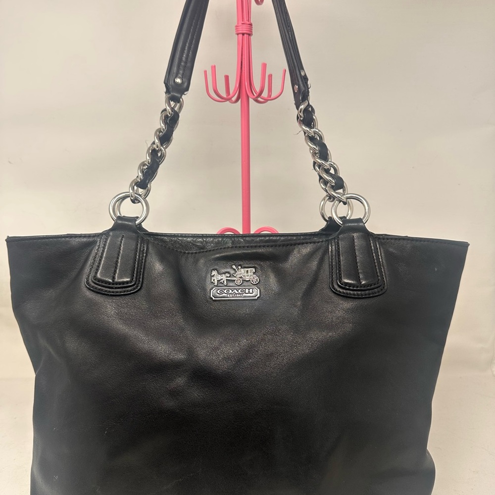 Coach Madison Soft Black Leather Tote with Silver Chain-Strap Accents